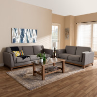 Baxton Studio BBT8037-Grey-2PC-Set Sava Mid-Century Modern Grey Fabric Upholstered Walnut Wood 2-Piece Living Room Set